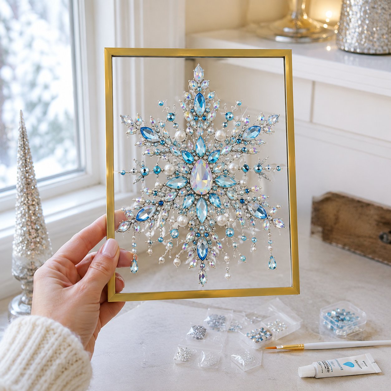 💖🔥 LAST 30pcs 🎄 DIY Jeweled Christmas Tree Art Kit | Colorful Gems, Pearls, Paints & Gold-Tone Floating Display Frame 💎✨