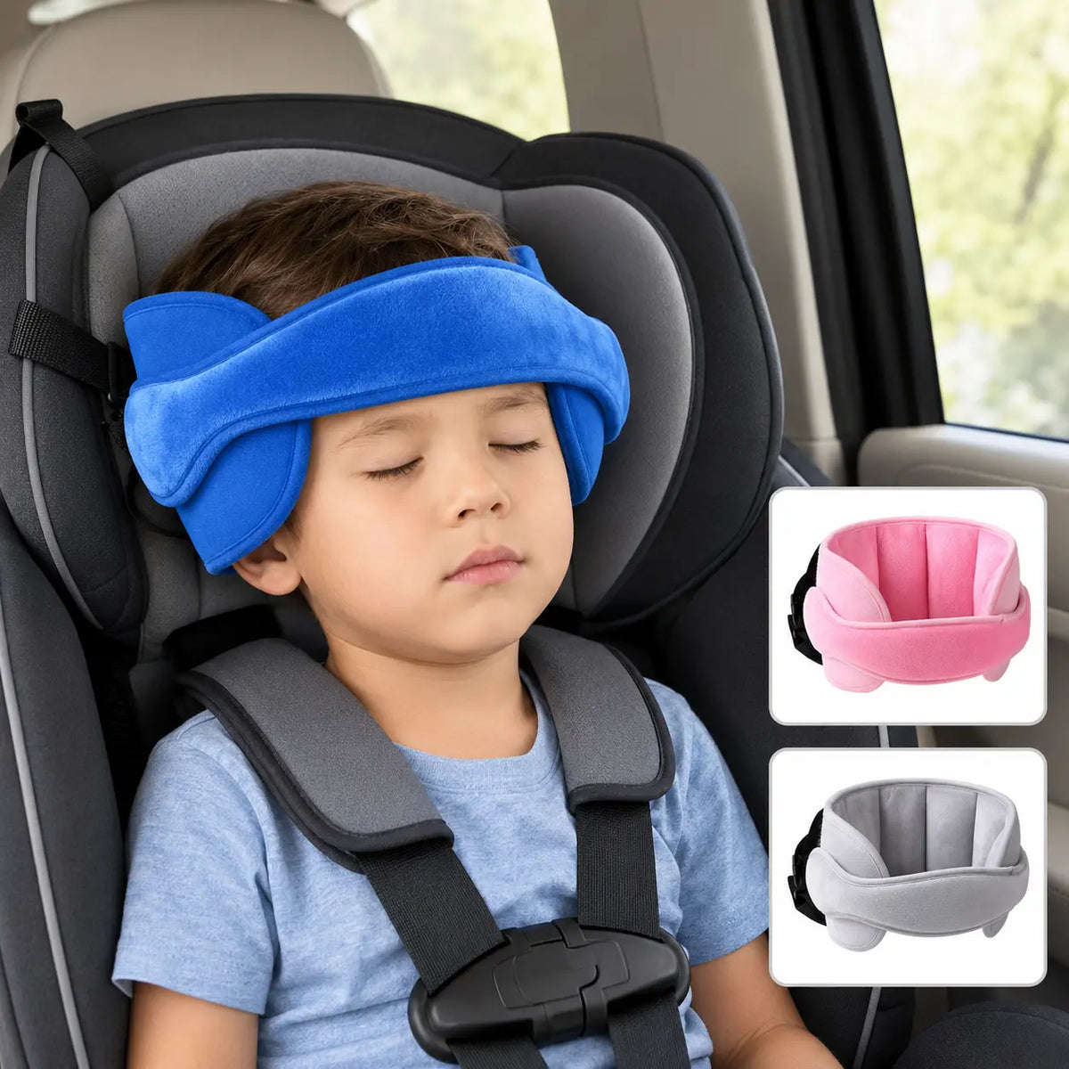 Soft Plush Adjustable Car Seat Head Support Strap with Padded Side Cushions for Kids - image 1