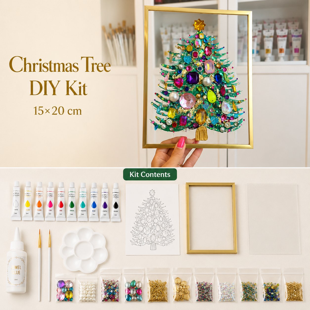 💖🔥 LAST 30pcs 🎄 DIY Jeweled Christmas Tree Art Kit | Colorful Gems, Pearls, Paints & Gold-Tone Floating Display Frame 💎✨