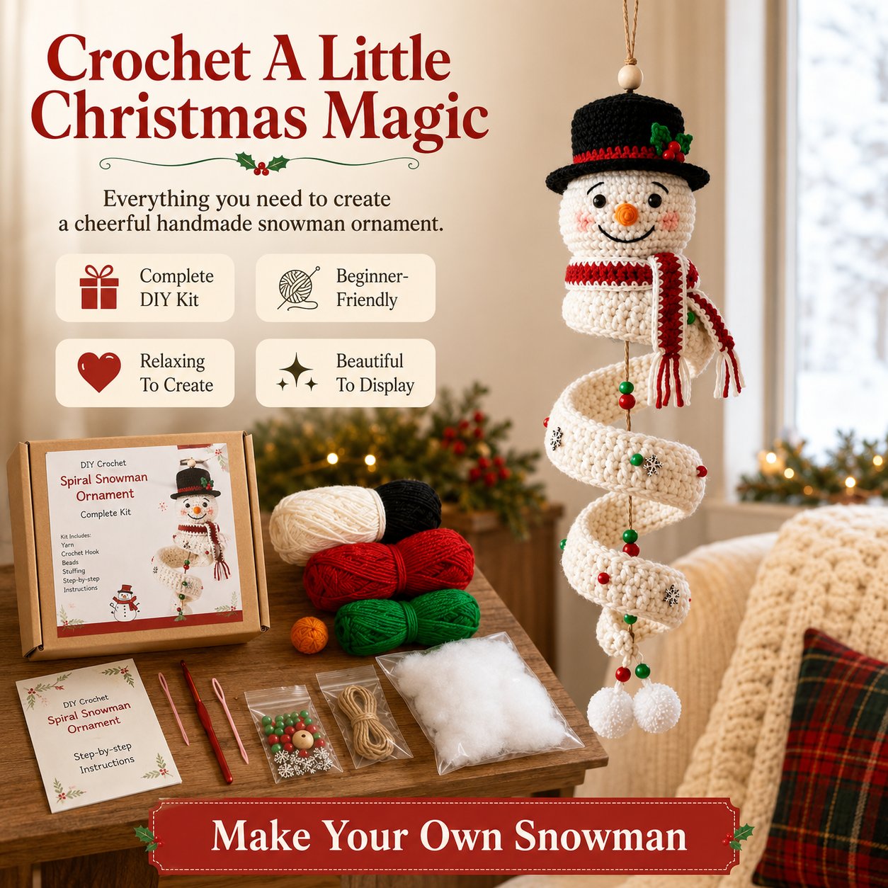☃️ Crochet Snowman Spiral Ornament DIY Kit | Complete Beginner-Friendly Set with Soft Yarn, Crochet Hook, Festive Beads, Snowflakes & Step-by-Step Guide 🧶🎄✨ - image 2