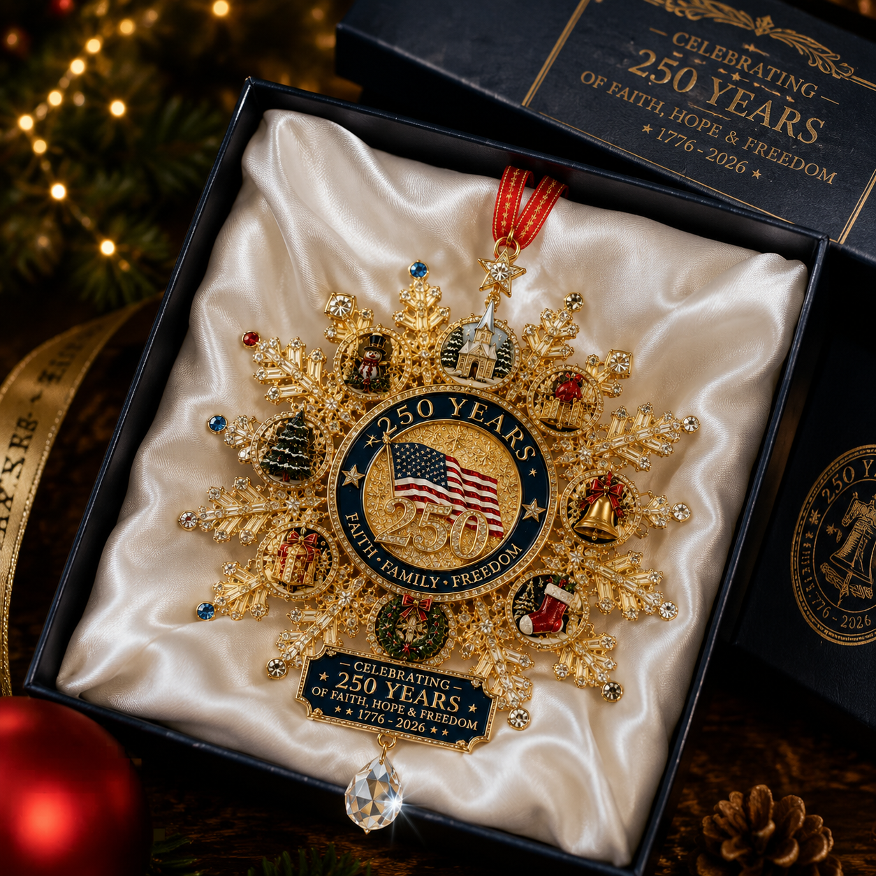 🔥Last 40 pcs✨⏰ Limited anniversary edition✨49% OFF!🔥Patriotic-Themed Limited Edition — Glistening Gold Christmas Commemorative Snowflake Ornament