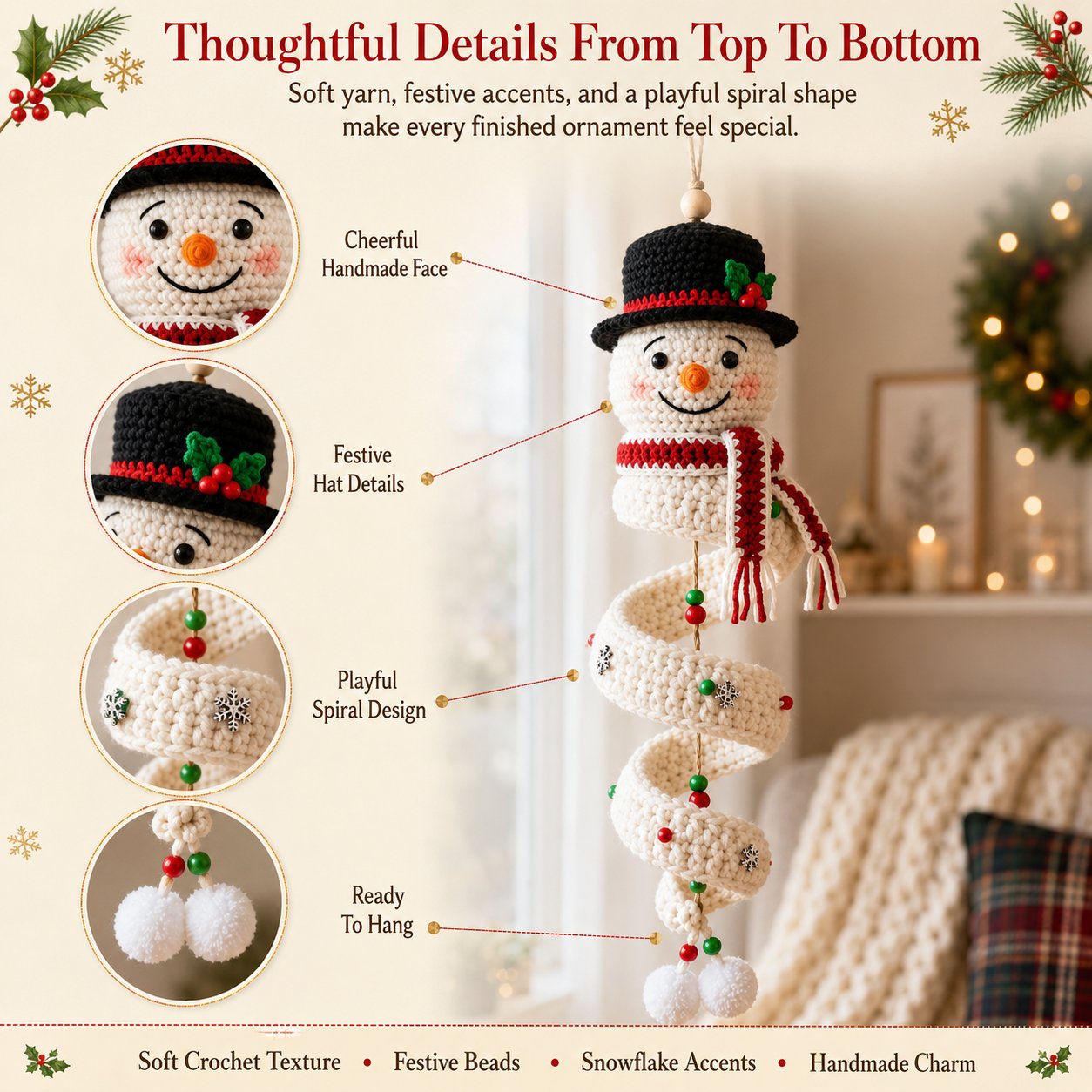 ☃️ Crochet Snowman Spiral Ornament DIY Kit | Complete Beginner-Friendly Set with Soft Yarn, Crochet Hook, Festive Beads, Snowflakes & Step-by-Step Guide 🧶🎄✨ - image 3
