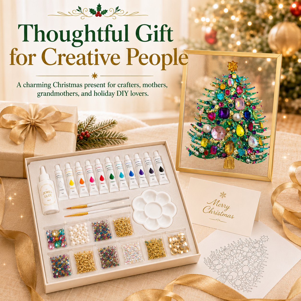 💖🔥 LAST 30pcs 🎄 DIY Jeweled Christmas Tree Art Kit | Colorful Gems, Pearls, Paints & Gold-Tone Floating Display Frame 💎✨