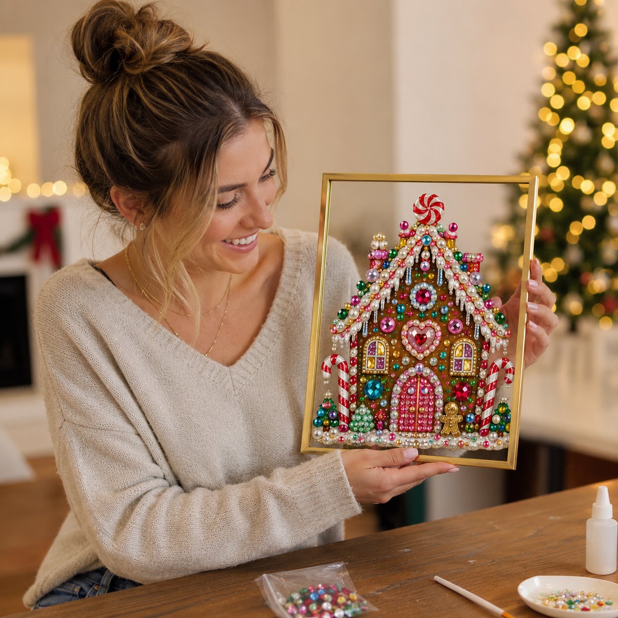 💖🔥 LAST 30pcs 🎄 DIY Jeweled Christmas Tree Art Kit | Colorful Gems, Pearls, Paints & Gold-Tone Floating Display Frame 💎✨