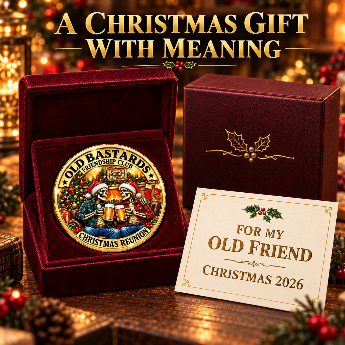 2026 Old Bastards Friendship Club Christmas Coin – Double-Sided Gold-Tone Keepsake for Lifelong Friends