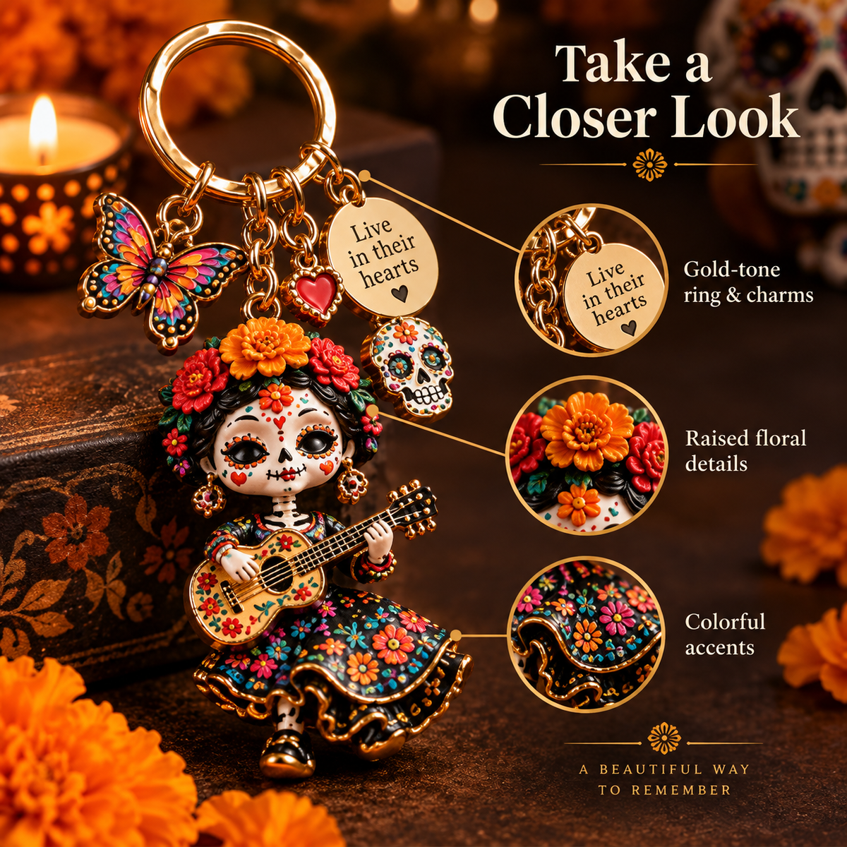 2026 Día de Muertos Keepsake Keychains – 4 Colorful Designs with Remembrance Cards - image 6