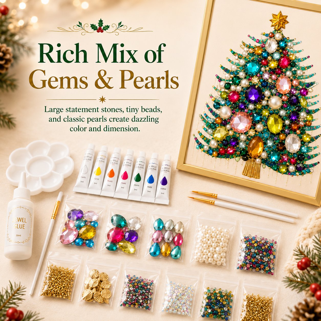 💖🔥 LAST 30pcs 🎄 DIY Jeweled Christmas Tree Art Kit | Colorful Gems, Pearls, Paints & Gold-Tone Floating Display Frame 💎✨