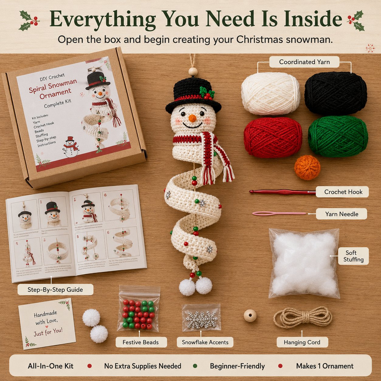 ☃️ Crochet Snowman Spiral Ornament DIY Kit | Complete Beginner-Friendly Set with Soft Yarn, Crochet Hook, Festive Beads, Snowflakes & Step-by-Step Guide 🧶🎄✨ - image 7