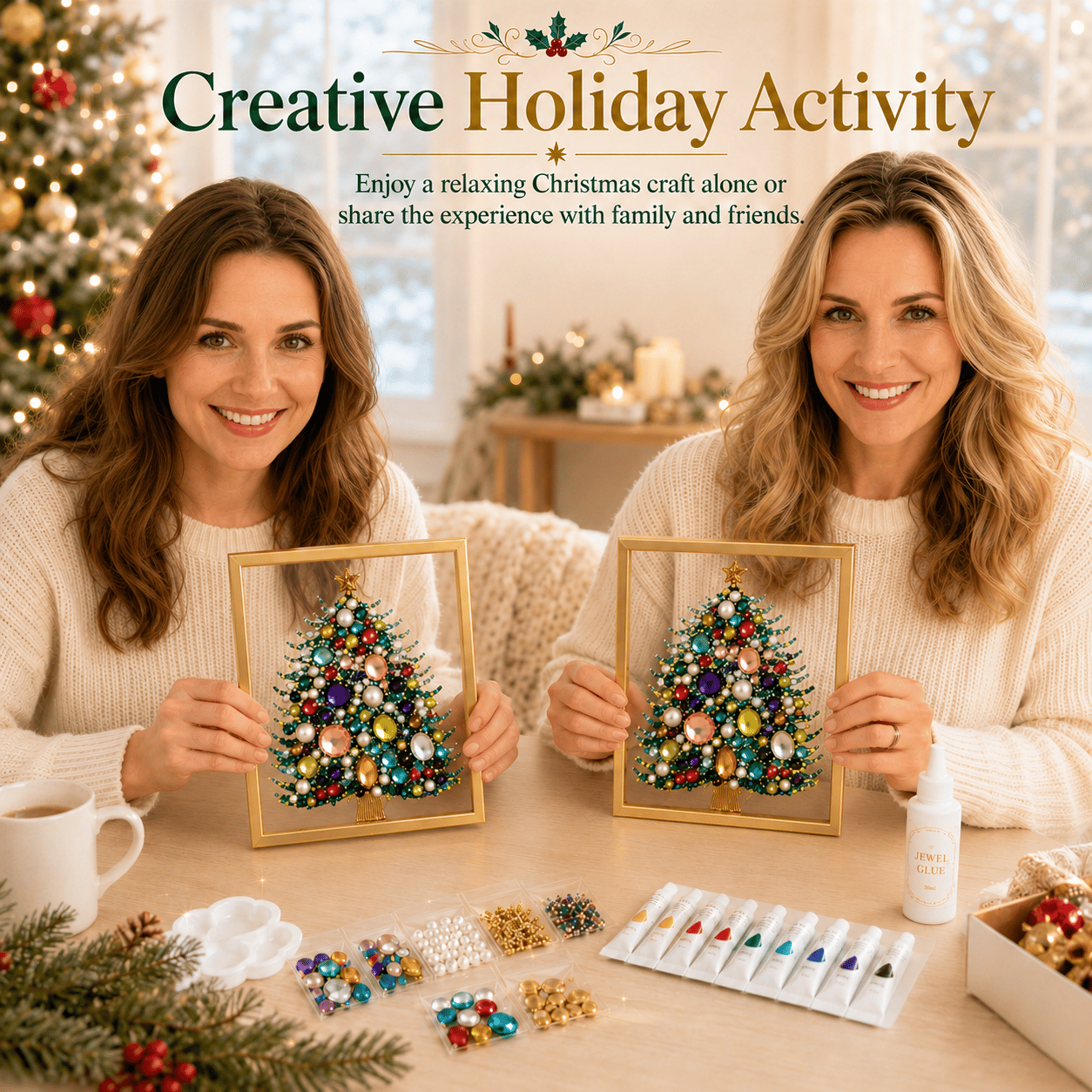 💖🔥 LAST 30pcs 🎄 DIY Jeweled Christmas Tree Art Kit | Colorful Gems, Pearls, Paints & Gold-Tone Floating Display Frame 💎✨