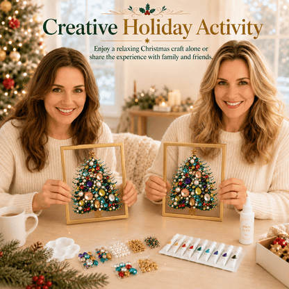💖🔥 LAST 30pcs 🎄 DIY Jeweled Christmas Tree Art Kit | Colorful Gems, Pearls, Paints & Gold-Tone Floating Display Frame 💎✨