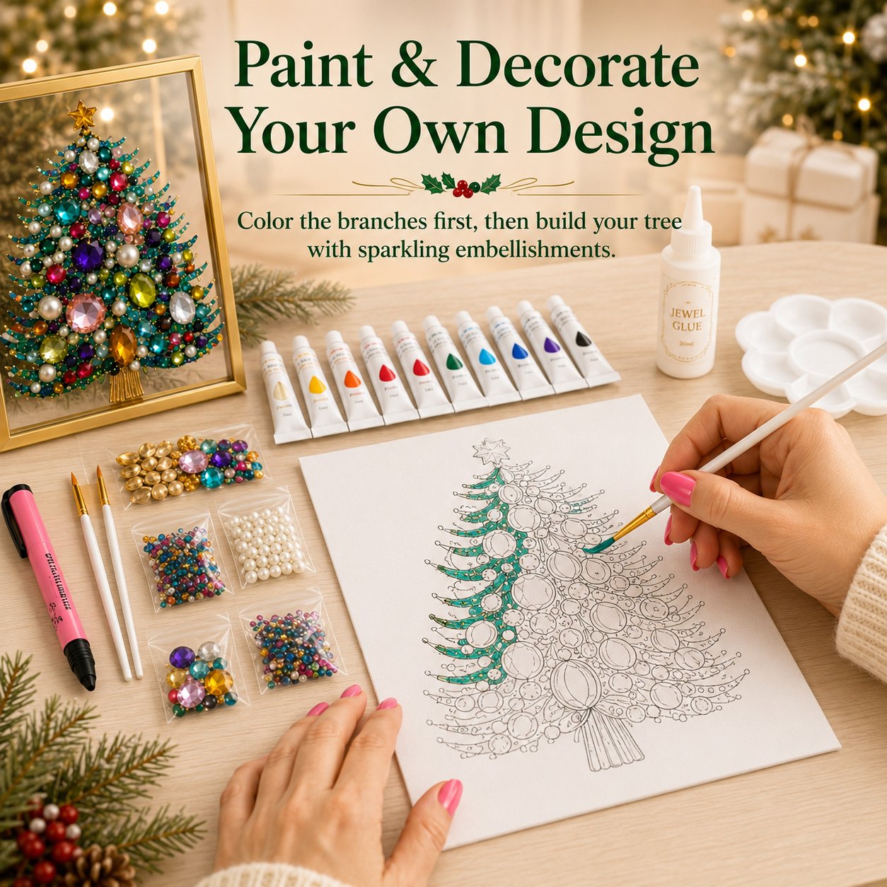 💖🔥 LAST 30pcs 🎄 DIY Jeweled Christmas Tree Art Kit | Colorful Gems, Pearls, Paints & Gold-Tone Floating Display Frame 💎✨