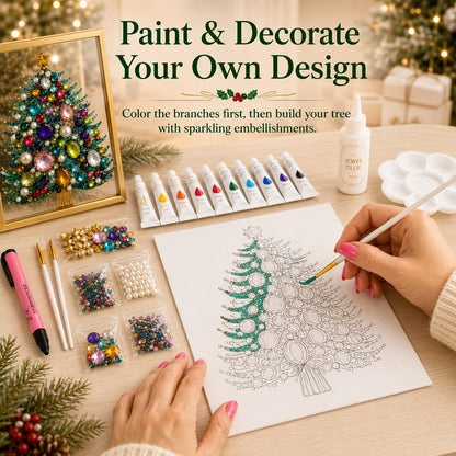 💖🔥 LAST 30pcs 🎄 DIY Jeweled Christmas Tree Art Kit | Colorful Gems, Pearls, Paints & Gold-Tone Floating Display Frame 💎✨