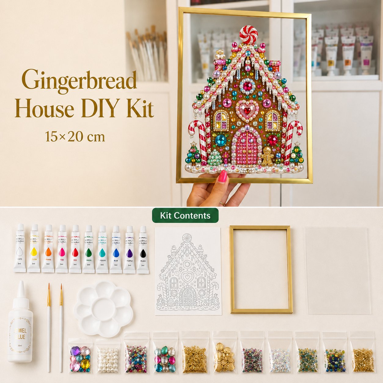 💖🔥 LAST 30pcs 🎄 DIY Jeweled Christmas Tree Art Kit | Colorful Gems, Pearls, Paints & Gold-Tone Floating Display Frame 💎✨