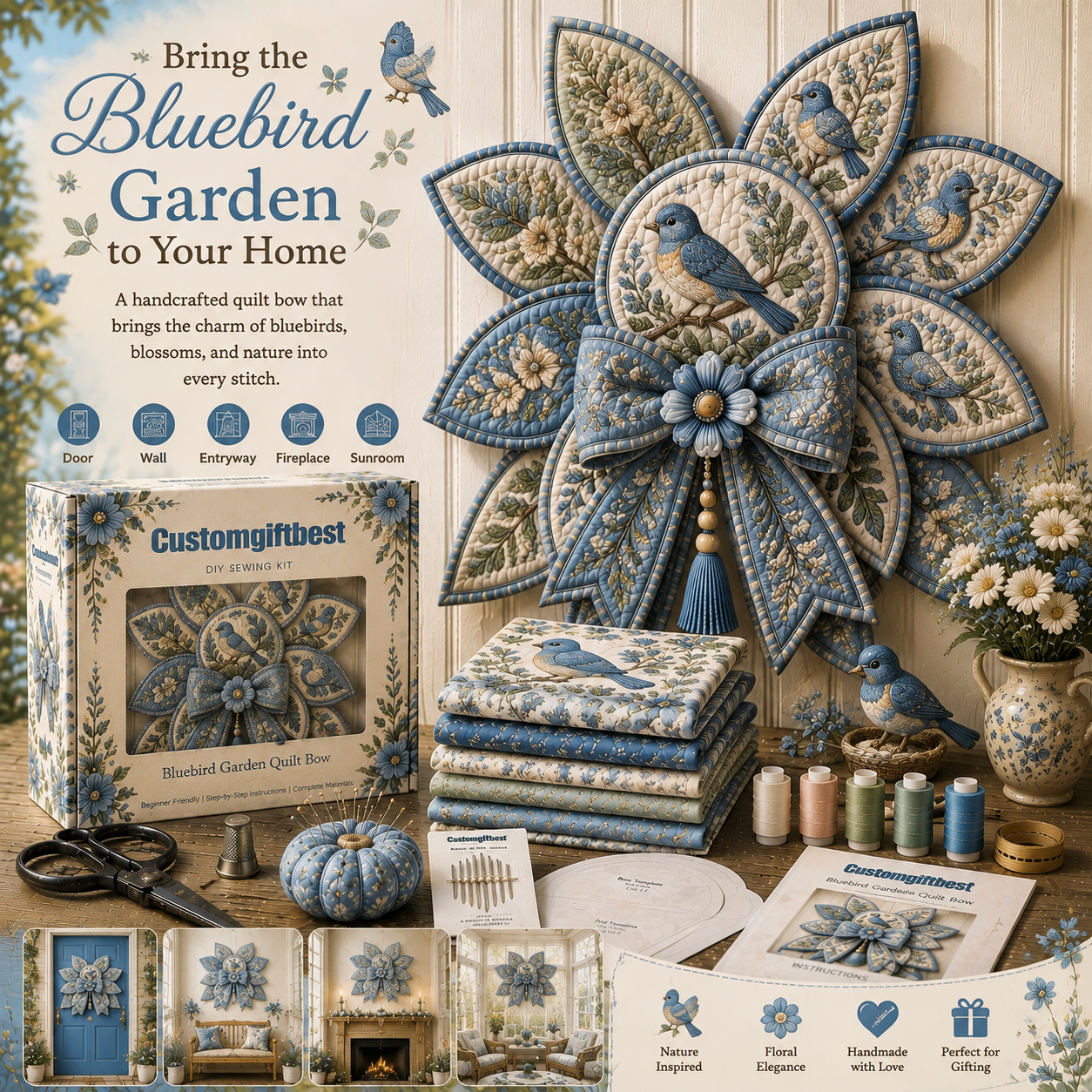 Garden Quilt Bow DIY Sewing Kit – Handmade Floral Wall & Door Decor Kit