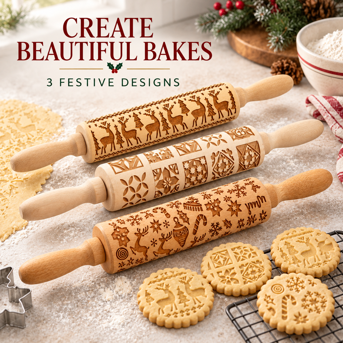 Stamp Cookies Instantly! No-Stick Engraved Beech Rolling Pin - image 1