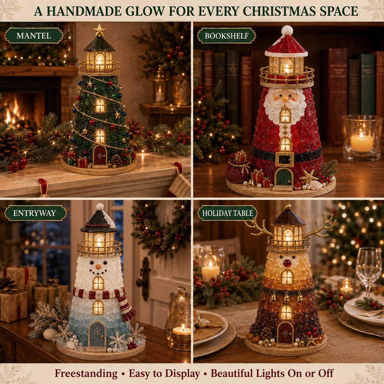 🔥Last 100pcs🔥Beginner-Friendly DIY Lighted Christmas Character Sea Glass-Style Lighthouse Kit Collection | Complete Kit with Sea Glass-Style Pieces, LED Lights & Step-by-Step Guide Included 💕