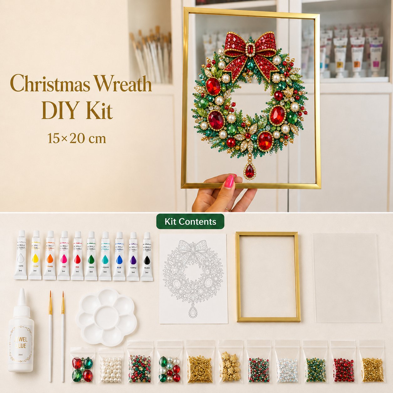 💖🔥 LAST 30pcs 🎄 DIY Jeweled Christmas Tree Art Kit | Colorful Gems, Pearls, Paints & Gold-Tone Floating Display Frame 💎✨