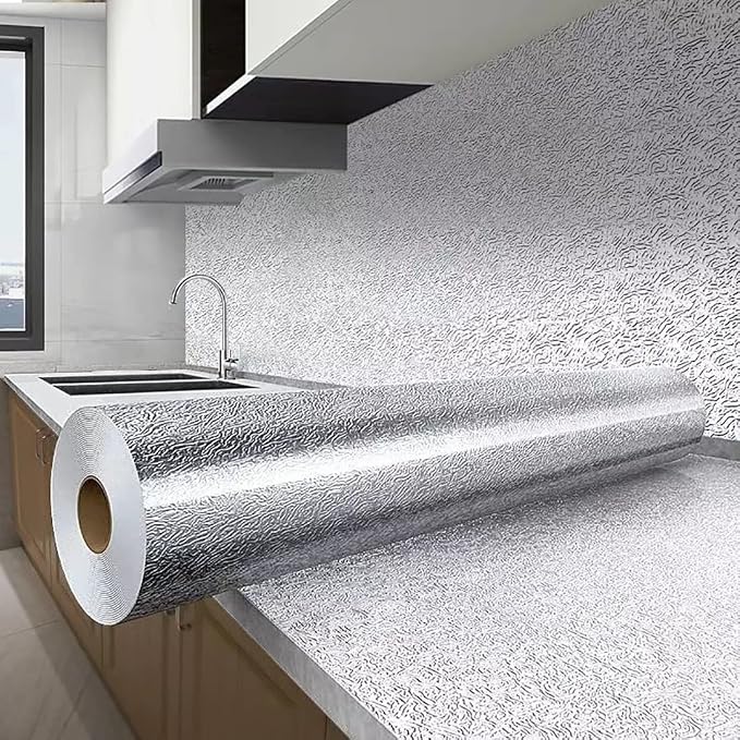 Kitchen Waterproof Oil Proof Aluminum Foil Sticker, Silver Texture Peel🧽 - image 1