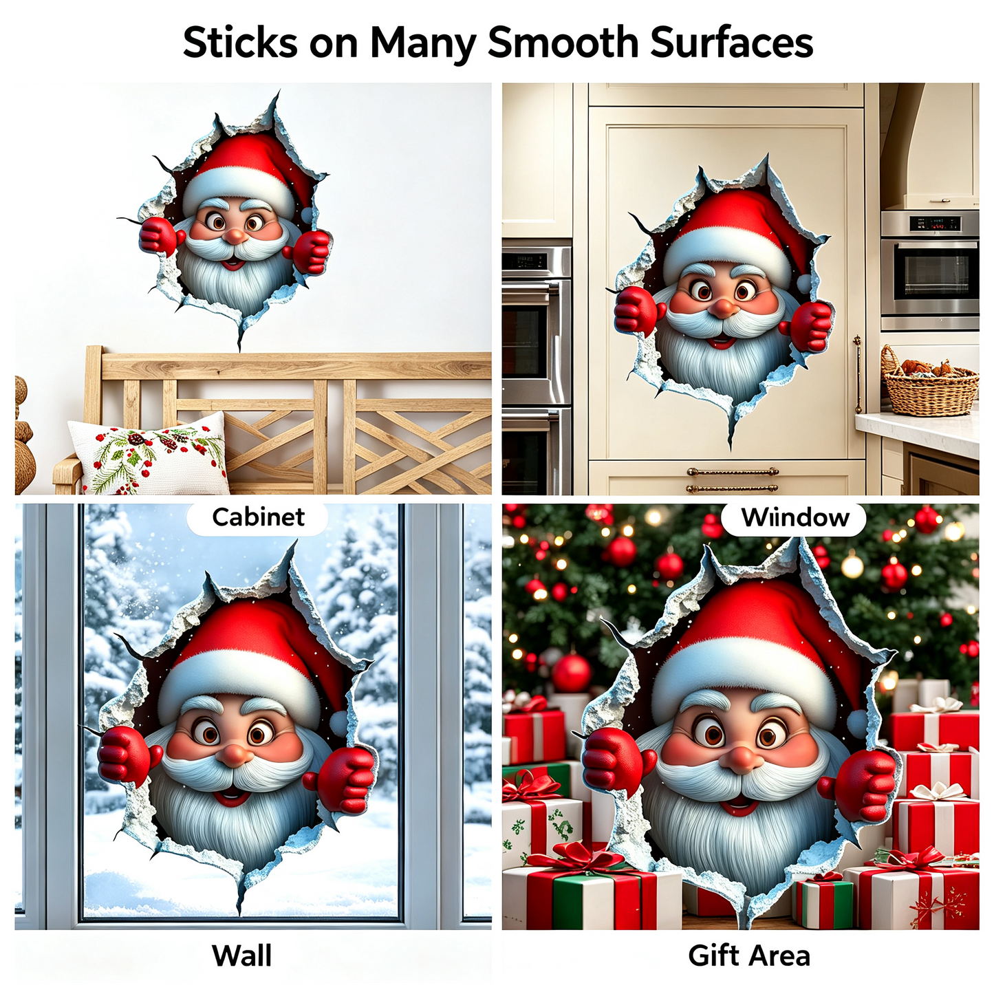 3PCS Festive Decor Santa Face Vinyl Stickers - Smooth 3D Illusion Figure Shape Peel-Off Pack 🎅 - image 4