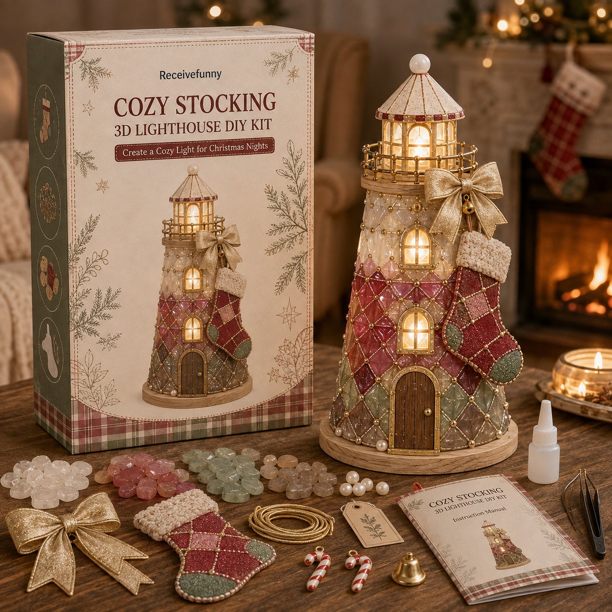🔥Last 100pcs🔥Beginner-Friendly DIY Lighted Christmas Character Sea Glass-Style Lighthouse Kit Collection | Complete Kit with Sea Glass-Style Pieces, LED Lights & Step-by-Step Guide Included 💕