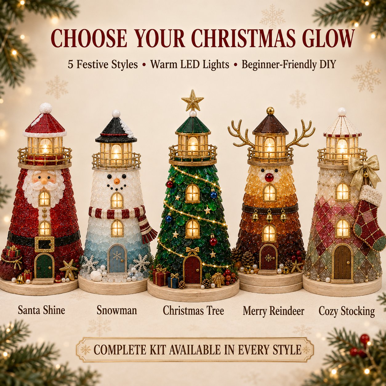 🔥Last 100pcs🔥Beginner-Friendly DIY Lighted Christmas Character Sea Glass-Style Lighthouse Kit Collection | Complete Kit with Sea Glass-Style Pieces, LED Lights & Step-by-Step Guide Included 💕