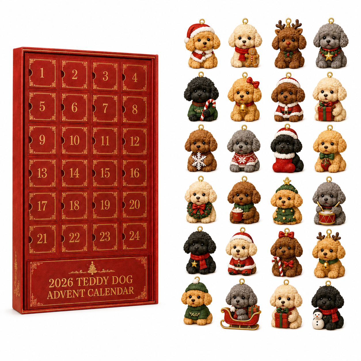 ❤️🎄🐶 2026 Teddy Dog Christmas Advent Calendar – 24-Day Toy Poodle Ornament Blind Box Gift Set