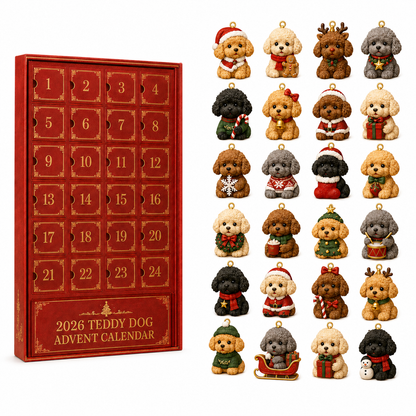 ❤️🎄🐶 2026 Teddy Dog Christmas Advent Calendar – 24-Day Toy Poodle Ornament Blind Box Gift Set