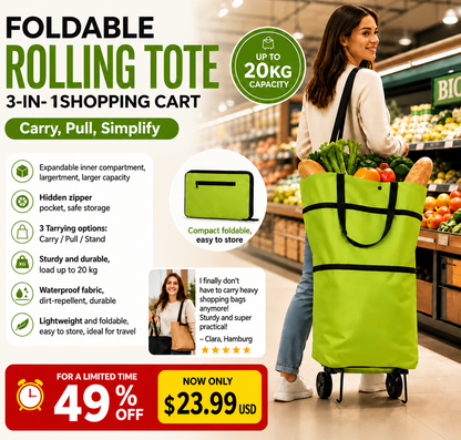 ⏰LIMITED TIME 49% OFF!🛍️✨ Convertible shopping tote – hides wheels, holds 20kg, expands with zipper!