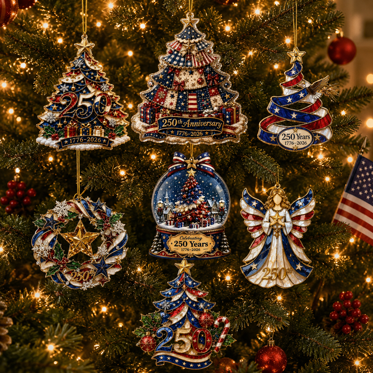 ⏰LIMITED TIME 49% OFF!🔥🎄 US 250th Anniversary Christmas Ornament, 6 Vintage American Flag Styles