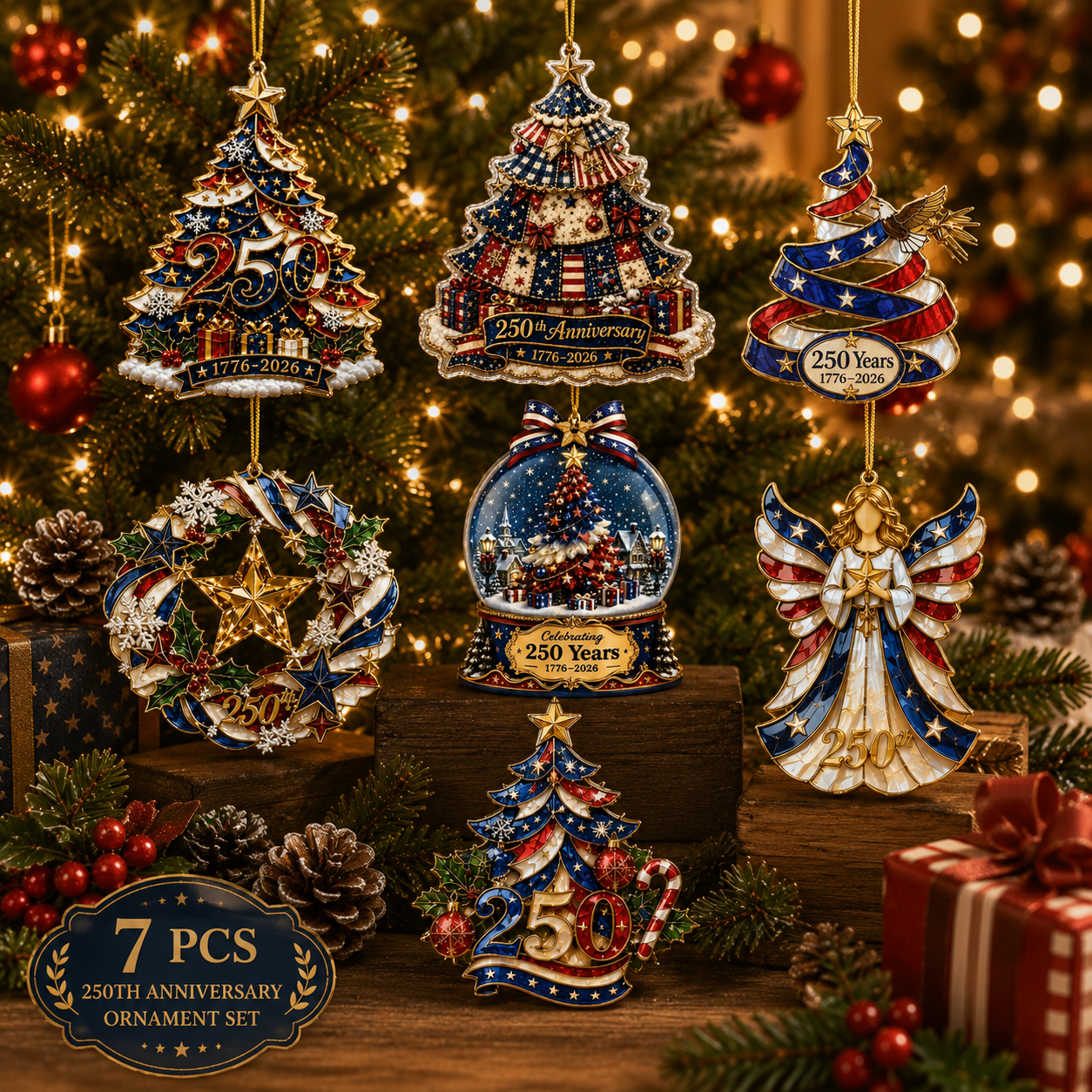 ⏰LIMITED TIME 49% OFF!🔥🎄 US 250th Anniversary Christmas Ornament, 6 Vintage American Flag Styles