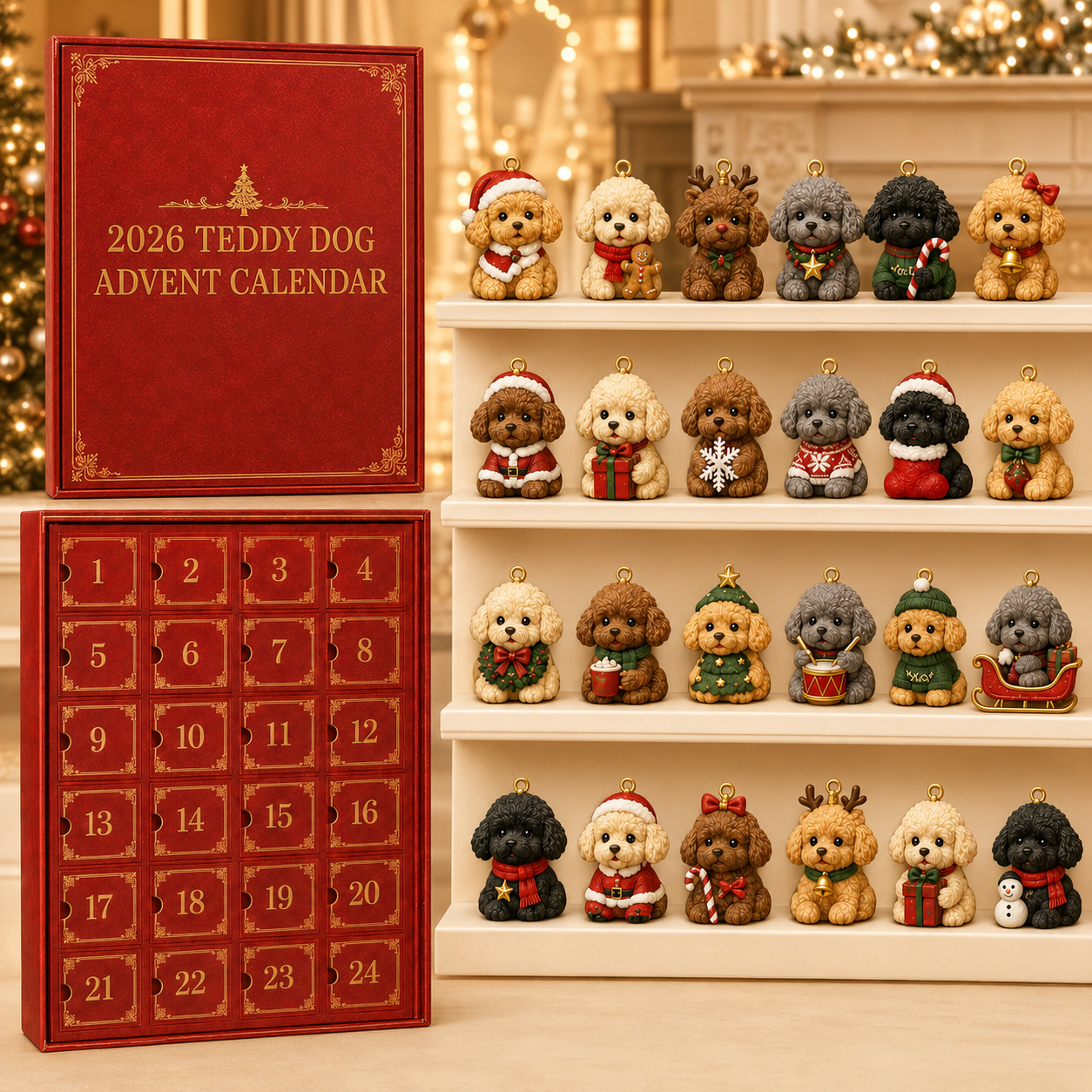 ❤️🎄🐶 2026 Teddy Dog Christmas Advent Calendar – 24-Day Toy Poodle Ornament Blind Box Gift Set