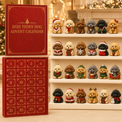 ❤️🎄🐶 2026 Teddy Dog Christmas Advent Calendar – 24-Day Toy Poodle Ornament Blind Box Gift Set