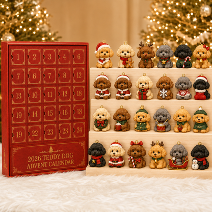 ❤️🎄🐶 2026 Teddy Dog Christmas Advent Calendar – 24-Day Toy Poodle Ornament Blind Box Gift Set