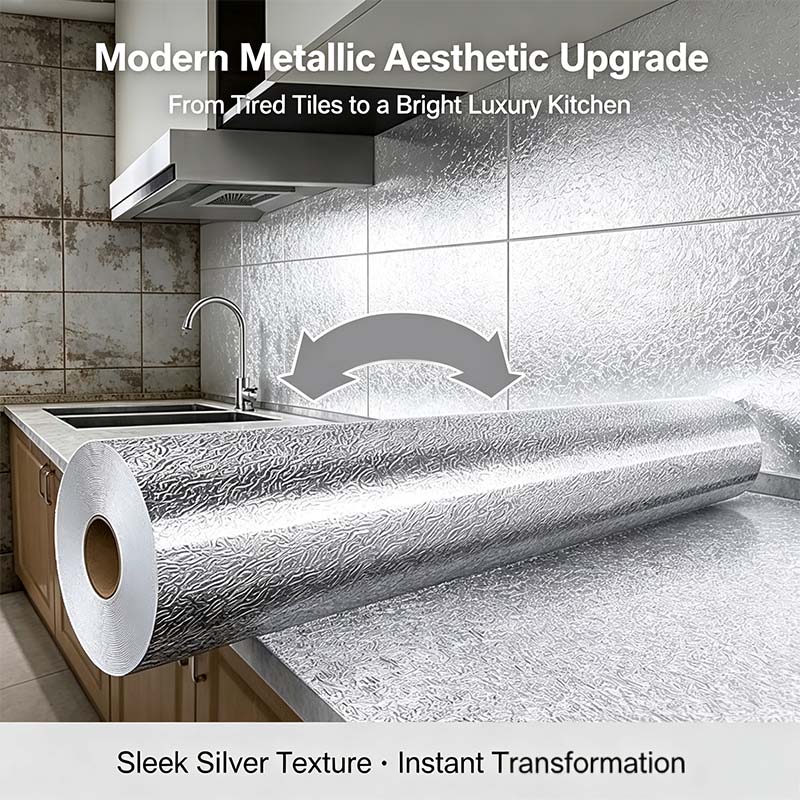 Kitchen Waterproof Oil Proof Aluminum Foil Sticker, Silver Texture Peel🧽 - image 7