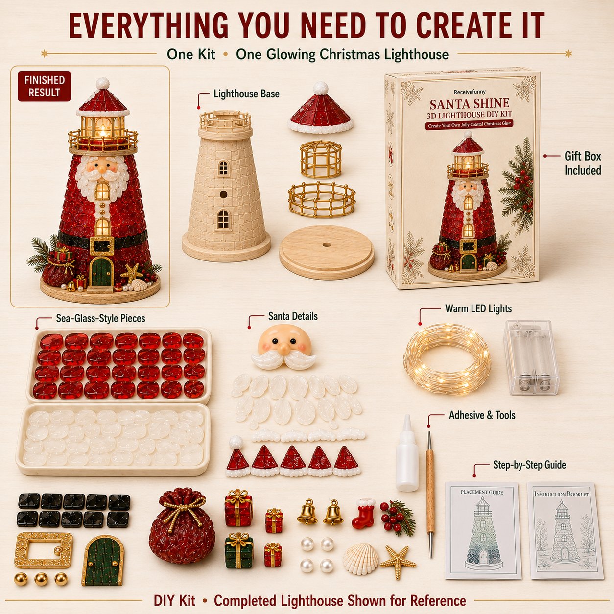 🔥Last 100pcs🔥Beginner-Friendly DIY Lighted Christmas Character Sea Glass-Style Lighthouse Kit Collection | Complete Kit with Sea Glass-Style Pieces, LED Lights & Step-by-Step Guide Included 💕