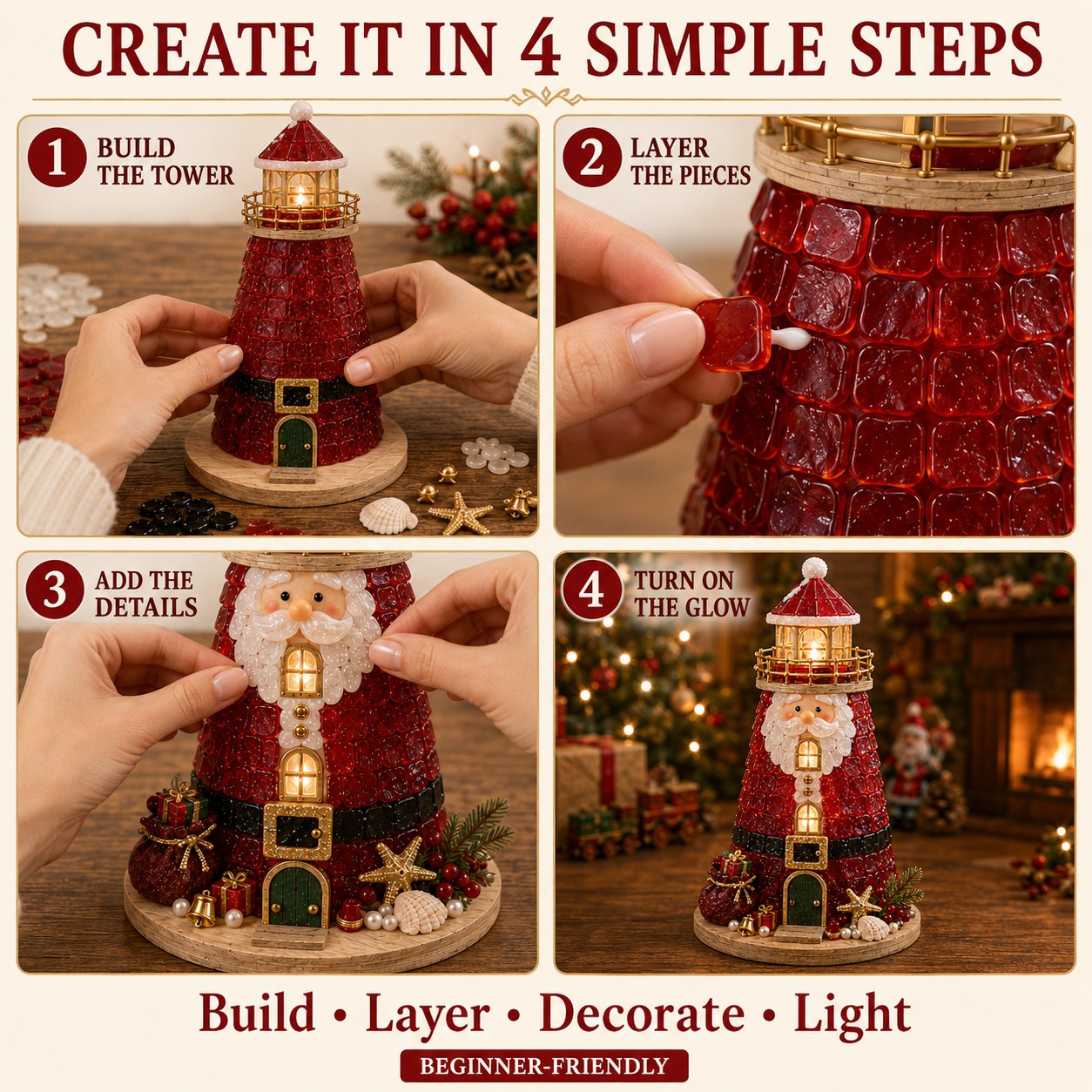 🔥Last 100pcs🔥Beginner-Friendly DIY Lighted Christmas Character Sea Glass-Style Lighthouse Kit Collection | Complete Kit with Sea Glass-Style Pieces, LED Lights & Step-by-Step Guide Included 💕