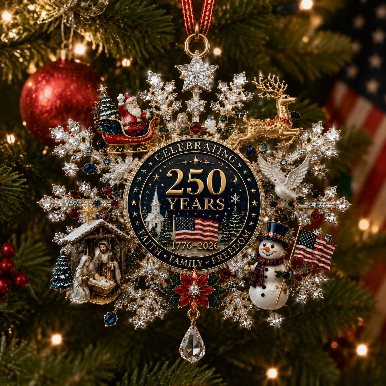 🔥Last 40 pcs✨⏰ Limited anniversary edition✨49% OFF!🔥Patriotic Limited Edition – Sparkling Christmas Commemorative Snowflake Ornament