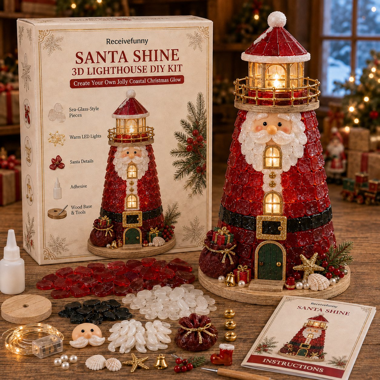 🔥Last 100pcs🔥Beginner-Friendly DIY Lighted Christmas Character Sea Glass-Style Lighthouse Kit Collection | Complete Kit with Sea Glass-Style Pieces, LED Lights & Step-by-Step Guide Included 💕