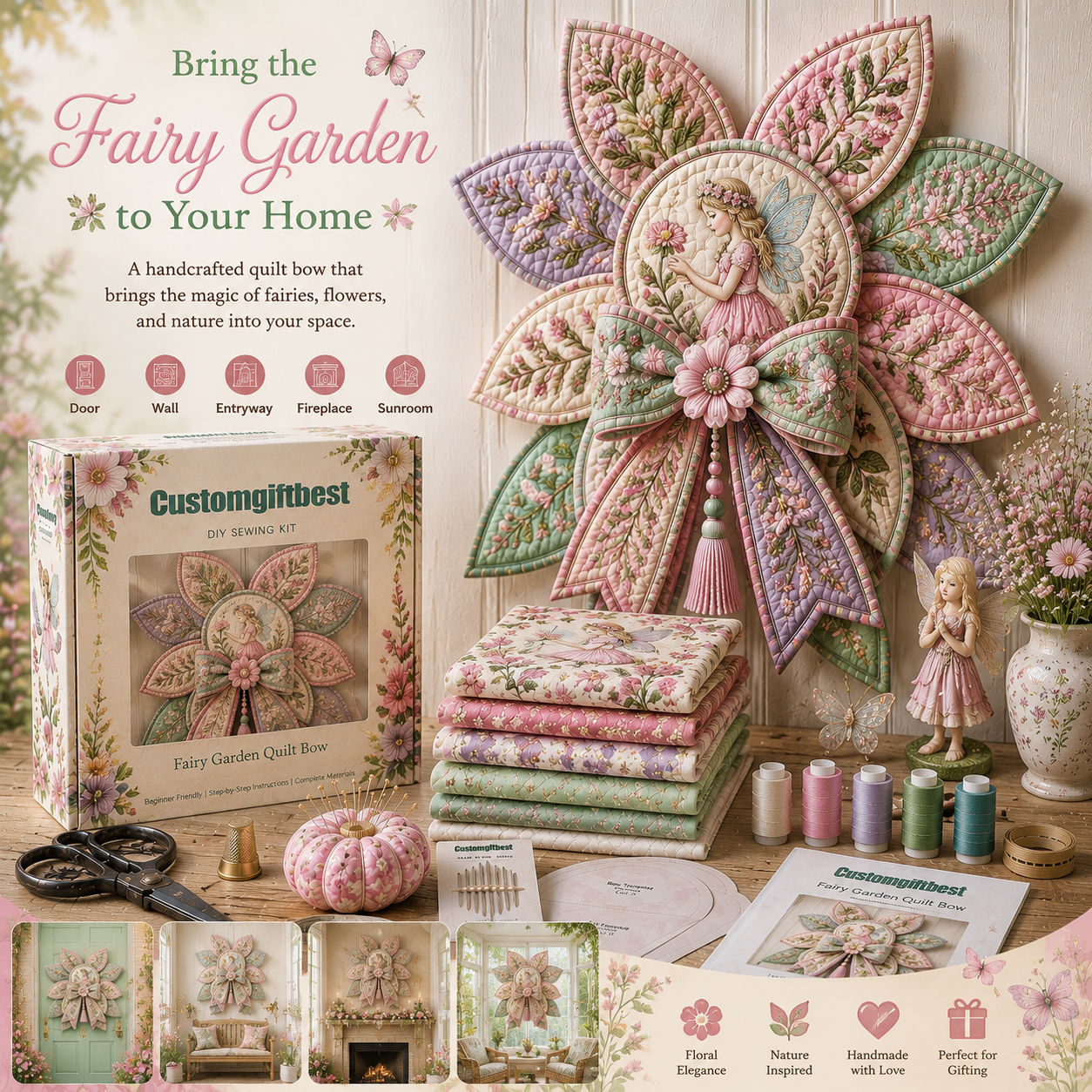Garden Quilt Bow DIY Sewing Kit – Handmade Floral Wall & Door Decor Kit