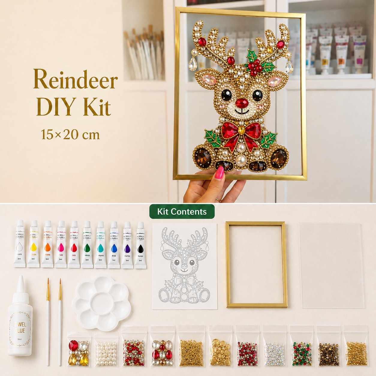 💖🔥 LAST 30pcs 🎄 DIY Jeweled Christmas Tree Art Kit | Colorful Gems, Pearls, Paints & Gold-Tone Floating Display Frame 💎✨