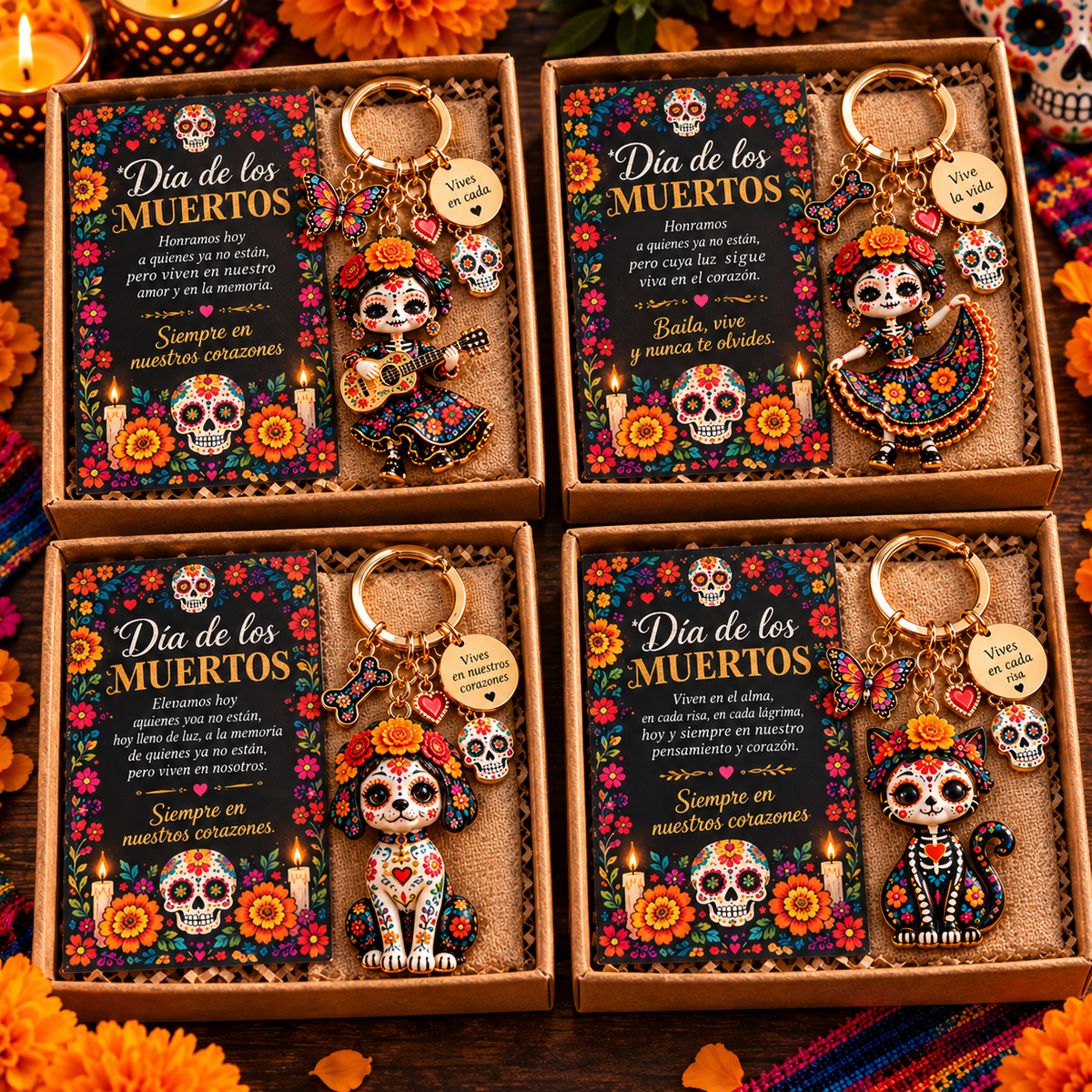 2026 Día de Muertos Keepsake Keychains – 4 Colorful Designs with Remembrance Cards - image 5