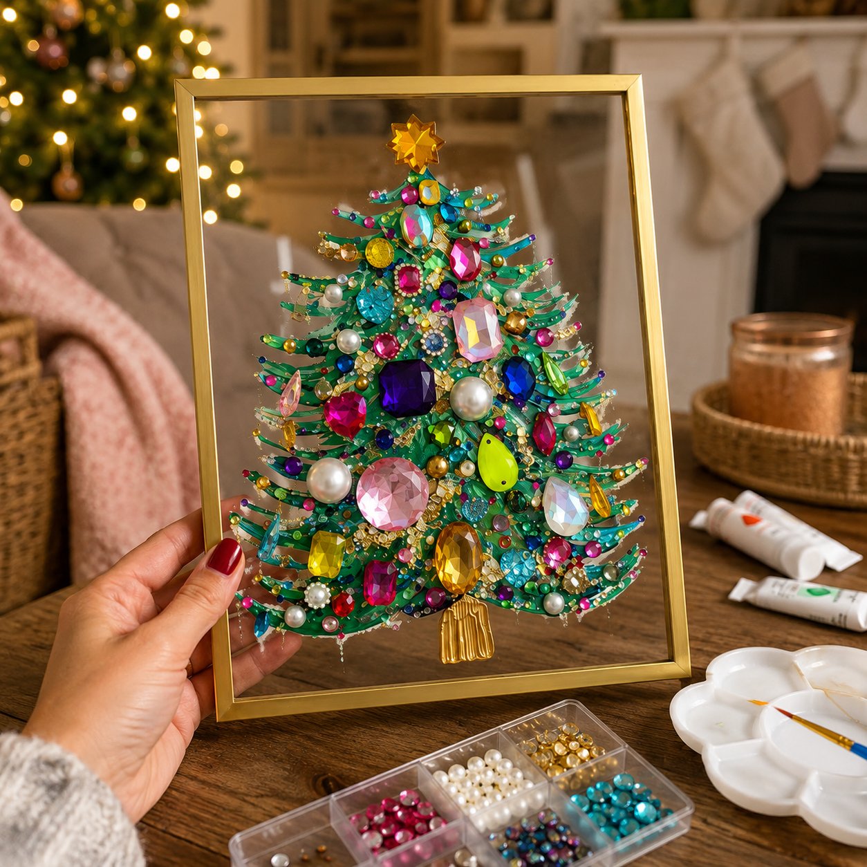 💖🔥 LAST 30pcs 🎄 DIY Jeweled Christmas Tree Art Kit | Colorful Gems, Pearls, Paints & Gold-Tone Floating Display Frame 💎✨