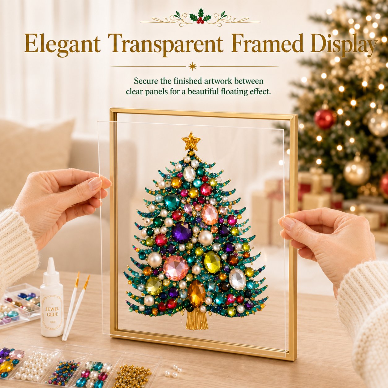 💖🔥 LAST 30pcs 🎄 DIY Jeweled Christmas Tree Art Kit | Colorful Gems, Pearls, Paints & Gold-Tone Floating Display Frame 💎✨
