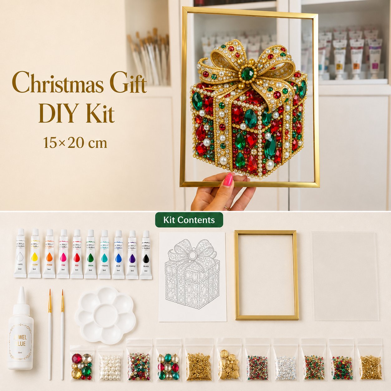 💖🔥 LAST 30pcs 🎄 DIY Jeweled Christmas Tree Art Kit | Colorful Gems, Pearls, Paints & Gold-Tone Floating Display Frame 💎✨