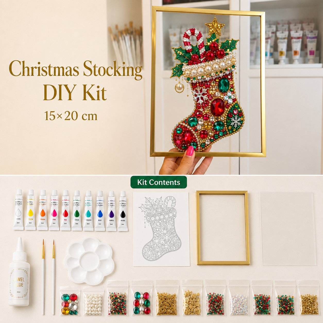 💖🔥 LAST 30pcs 🎄 DIY Jeweled Christmas Tree Art Kit | Colorful Gems, Pearls, Paints & Gold-Tone Floating Display Frame 💎✨