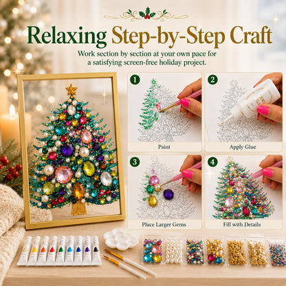💖🔥 LAST 30pcs 🎄 DIY Jeweled Christmas Tree Art Kit | Colorful Gems, Pearls, Paints & Gold-Tone Floating Display Frame 💎✨