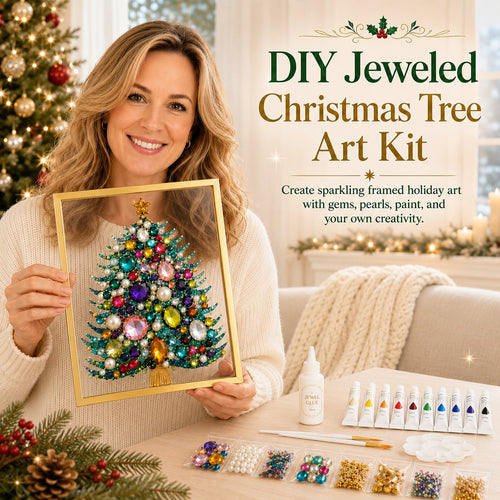 💖🔥 LAST 30pcs 🎄 DIY Jeweled Christmas Tree Art Kit | Colorful Gems, Pearls, Paints & Gold-Tone Floating Display Frame 💎✨