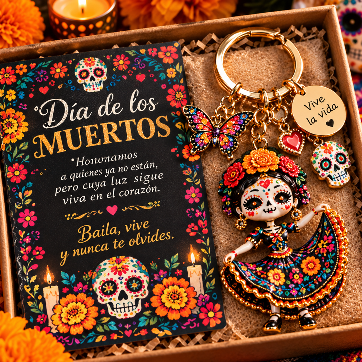 2026 Día de Muertos Keepsake Keychains – 4 Colorful Designs with Remembrance Cards - image 2