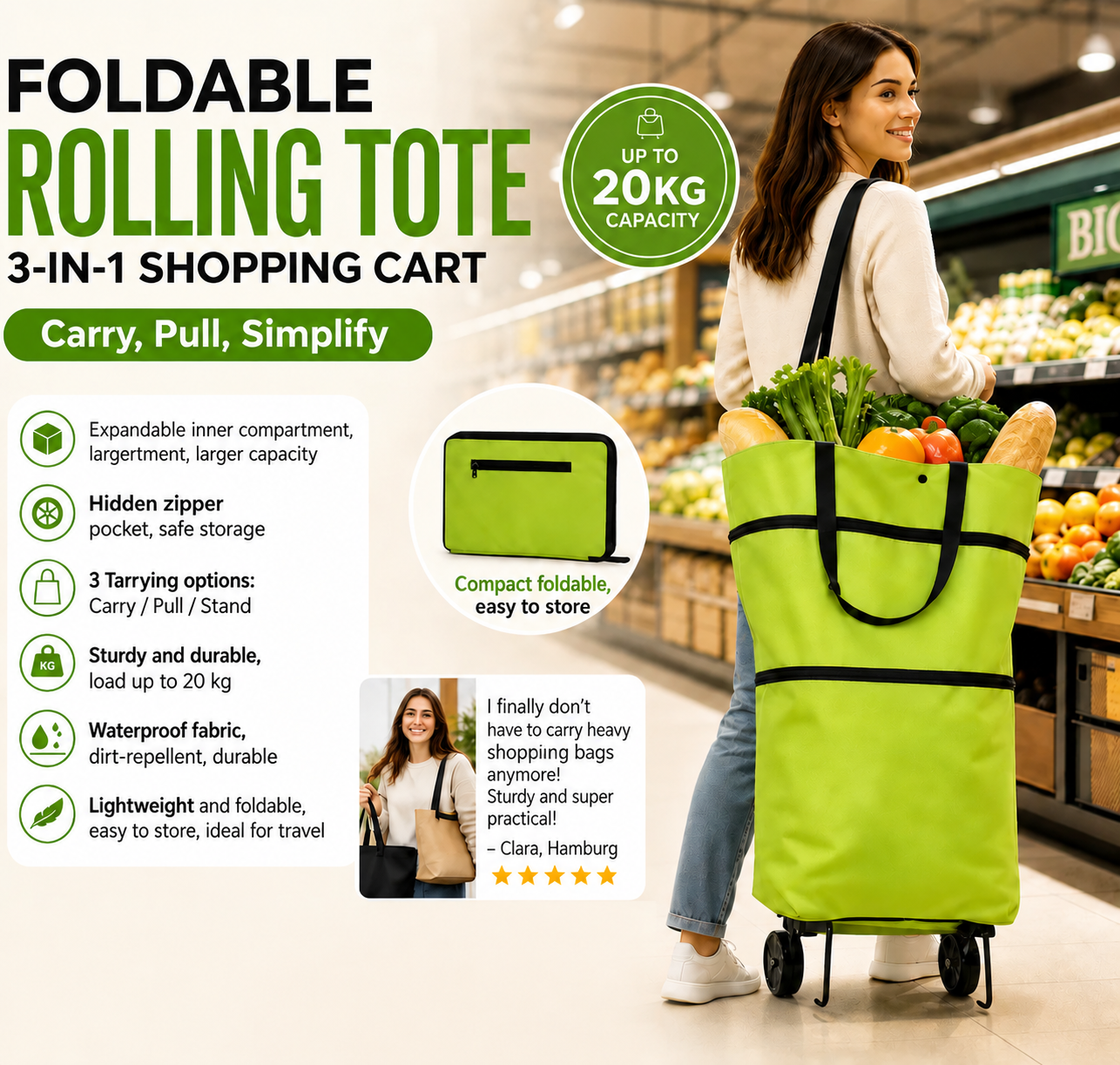 ⏰LIMITED TIME 49% OFF!🔥🛍️✨ Convertible shopping tote – hides wheels, holds 20kg, expands with zipper!