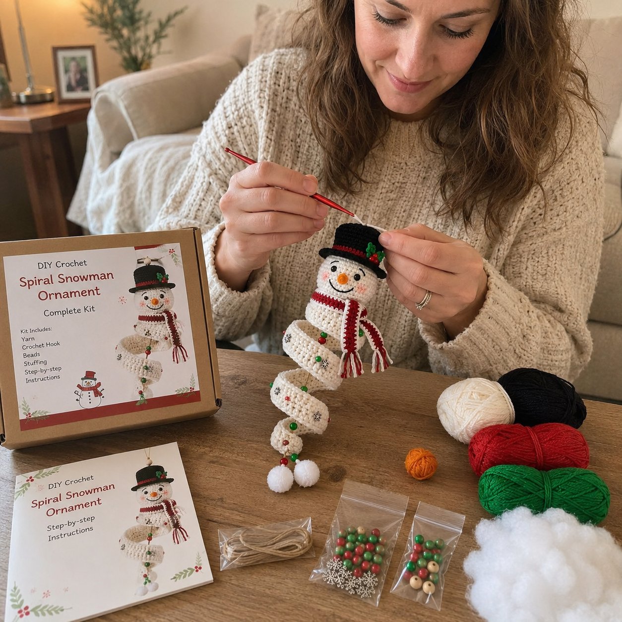 ☃️ Crochet Snowman Spiral Ornament DIY Kit | Complete Beginner-Friendly Set with Soft Yarn, Crochet Hook, Festive Beads, Snowflakes & Step-by-Step Guide 🧶🎄✨ - image 20